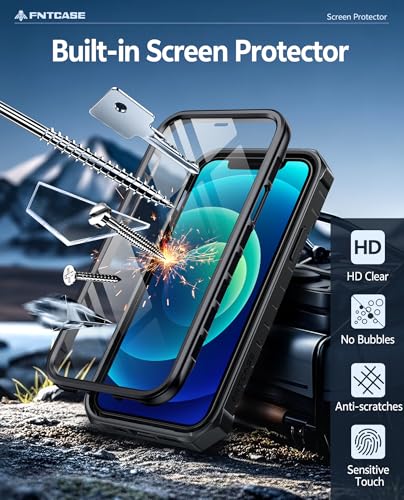 FNTCASE for iPhone 12 Case with Built-in Screen Protector and Kickstand | 20FT Military-Grade Drop Protection, Anti-Slip Matte Textured, Rugged Heavy Duty Shockproof TPU Protective Phone Cover - color: Black