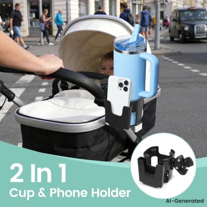 Large Size 2-in-1 Stroller Cup and Phone Holder, Adjustable Clip-On, Black