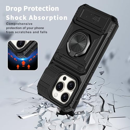 Vofolen for iPhone 15 Pro Max Case Wallet with Card Holder [Store 2 Cards] | 360° Magnetic Rotated Ring Kickstand, Heavy Duty Shockproof Protection Wallet Phone Case for iPhone 15 Pro Max 6.7'' Black - color: Black