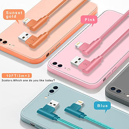 90 Degree iPhone Charger,MFi Certified USB Lightning Cable (3 Pack 10FT)