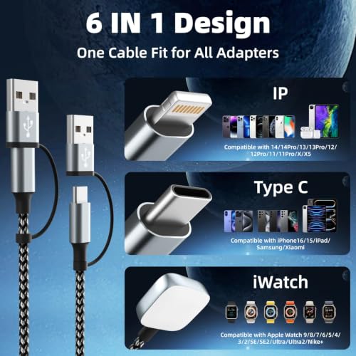 Travel Essentials 3 in 2 Multi Charging Cable for iWatch Charger/iPhone17-8 - color: Light Gray Watch, size: 1Pack 5FT