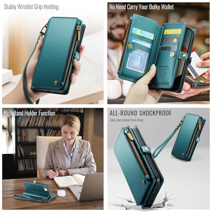 Defencase for iPhone 17E & 16E Wallet Phone Case with Card Holder, Green | Durable Soft PU Leather, with RFID Blocking Zipper Pocket, Strap, Magnetic Snap Flip Cases Cover with Stand for Women Men - color: Blue Green