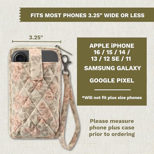Bella Taylor Cell Phone Wristlet, Quilted Phone Wallet for Women | Lightweight, RFID blocking, phone pocket, built-in wallet, card organizer, coin pocket, secure zipper, quality construction - color: Cameo Rose