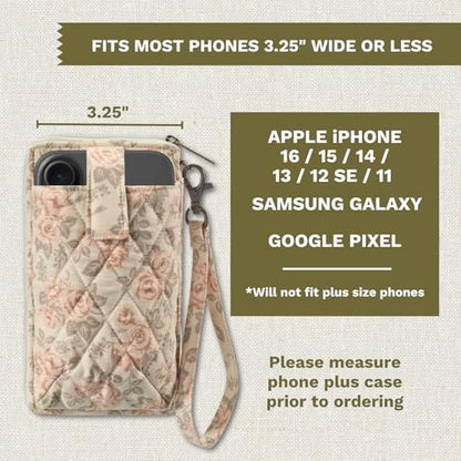 Bella Taylor Cell Phone Wristlet, Quilted Phone Wallet for Women | Lightweight, RFID blocking, phone pocket, built-in wallet, card organizer, coin pocket, secure zipper, quality construction - color: Cameo Rose