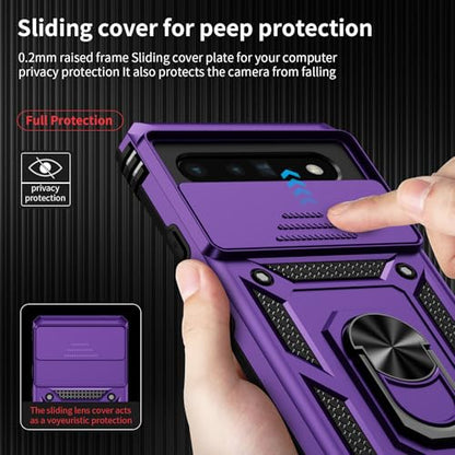 Vinve for Google Pixel 6 Pro Case with Slide Lens Cover, Military Grade Drop Protection, Magnetic Rotated Ring Holder Kickstand Phone Case (Deep Purple) - color: Deep Purple