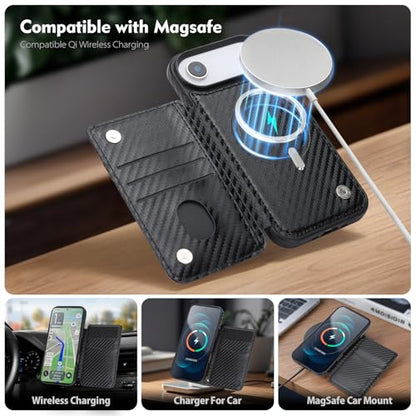 SkyEagle Compatible with MagSafe iPhone 17 Air Case Wallet,Carbon Black | Magnetic Clasp,RFID Blocking,PU Leather,Flip Folio Shockproof Phone Cover,with Credit Card Slots & Kickstand for Men & Women - color: Carbon Black, size: iPhone 17 Air - 6.5"