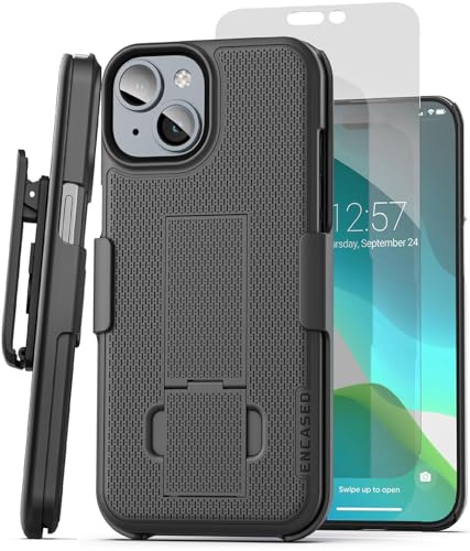 Encased DuraClip Designed for iPhone 15 Plus Case with Belt Clip Phone Holster and Kickstand (Matte Black) - size: iPhone 15 Plus