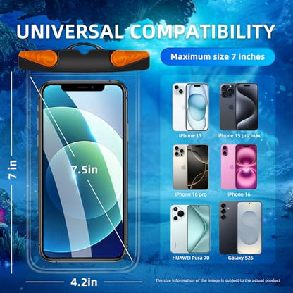 Waterproof Phone Pouch, Waterproof Phone Case with Lanyard for iPhone, Samsung, IPX8 Cellphone Beach Dry Bag Kayak Cruise Ship Essentials 2Pack-7.5" - color: Black Orange