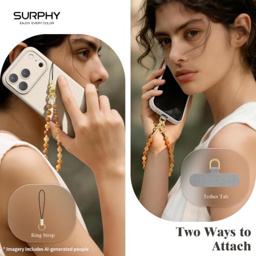 SURPHY Natural Stone Phone Charm, Beaded Phone Wrist Strap with Tether Tab - color: Aventurine Amber