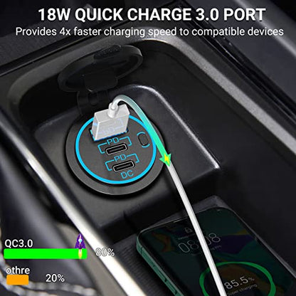 USB C Car Charger Socket 12V USB Outlet 2 Pack,78W RV USB Outlet Dual 30W PD USB-C and 18W QC3.0 Car USB Port with Button Switch Waterproof for Car RV Boat Marine Truck Motorcycle ect