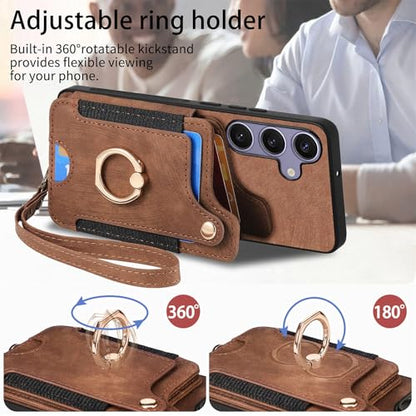 for Samsung Galaxy S25 FE Case Wallet with Card Slots Brown | PU Leather Flip Folio Cover,RFID Blocking Ring Holder,Kickstand,Wrist Strap,Shockproof,Magnetic Protective,Women Men Girls - color: Brown, size: Galaxy S25 FE 6.7 Inch