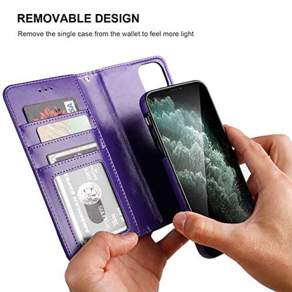 Bocasal Detachable Wallet Case Card Holder for iPhone 11, Purple | Kickstand Card Slots Holder PU Leather Magnetic Shockproof Wrist Strap Removable Flip Protective Cover 6.1 inch - color: Purple
