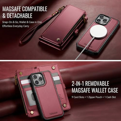 Defencase for iPhone 16 Pro Max Case Wallet Compatible with Magsafe, W-Red | Drop-Proof Magnetic Detachable Phone Cases Cover, with RFID Bolcking Card Holder, Zipper Strap, PU Leather, Removable Wallet - color: (Detachable with Magsafe)-Wine Red