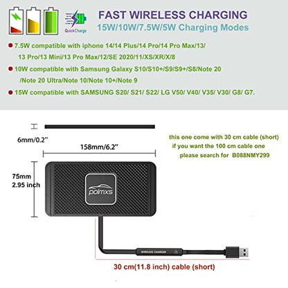 Wireless Charger Car Charging pad,POLMXS 15W Fast Wireless Phone Charger Non Slip Cell Phone Flat Charging mat Compatible with iPhone 11/12/12/14/15 Galaxy S21/S22/S23/24 NOTE10 (30cm Cable)(C2Y)
