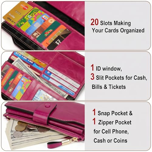 YALUXE Women's Real Leather Wallet RFID Protect 21 Card Slots Phone Pocket - color: 7- Waxed Pink, size: Genuine Leather