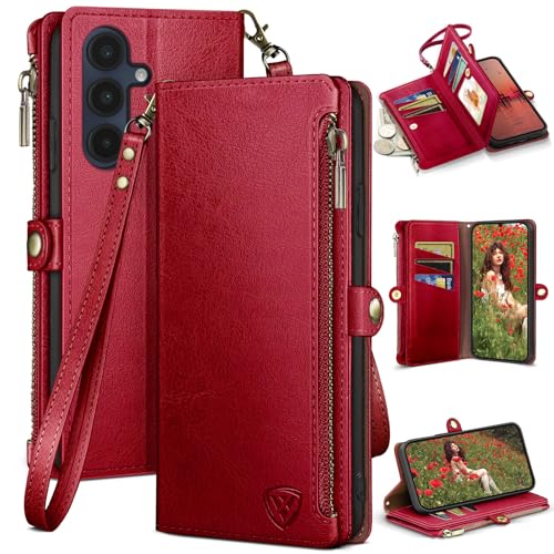 XcaseBar Compatible with Samsung Galaxy A16 5G Wallet case with Zipper Credit Card Holder【RFID Blocking】,Flip Folio Book PU Leather Phone case Shockproof Cover Women Men for Samsung A16 case Red - color: Red