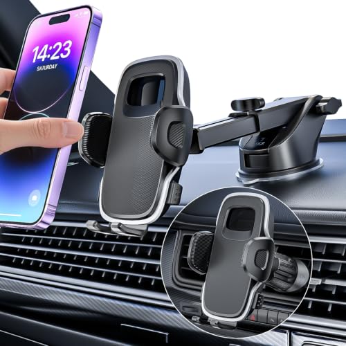Phone Holders Car Dashboard/Windshield/Vent 3-in-1 Strong Suction Cup Phone Mount for iPhone 17/16/15/14, Samsung Galaxy S25/S24/S23, Thick Case Friendly 360° Rotation Hands-Free Stand
