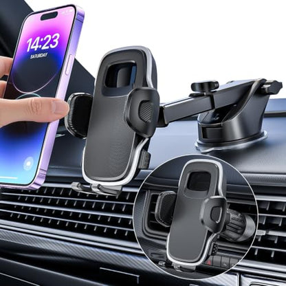 Phone Holders Car Dashboard/Windshield/Vent 3-in-1 Strong Suction Cup Phone Mount for iPhone 17/16/15/14, Samsung Galaxy S25/S24/S23, Thick Case Friendly 360° Rotation Hands-Free Stand