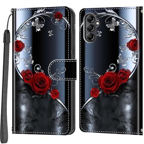 Case Wallet for Samsung Galaxy A14 5G, Rose Butterfly | Kickstand, 3 Card Holder, Shockproof TPU Interior Shell, PU Leather, Magnetic Flip Cover, Lanyard Strap - color: Pic:01