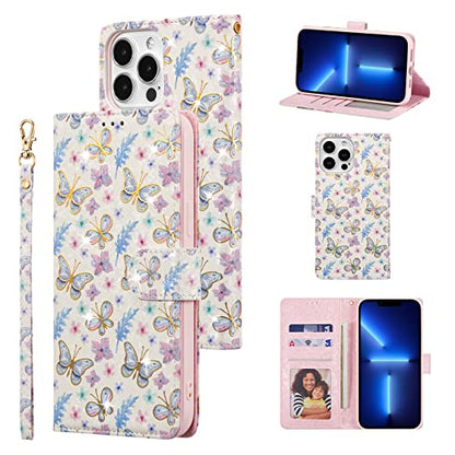 UEEBAI Wallet Case for iPhone 12 Pro Max 6.7 inch, PU Leather Phone Case Kickstand RFID Blocking Flip Case Card Slot Wrist Strap Relief Engraved Pattern Magnetic Closure Flower Folio Case, Butterfly - color: Butterfly, size: iPhone 12 Pro Max 6.7 inch