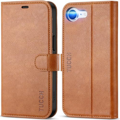 TUCCH Wallet Case for iPhone 17e/16e (6.1"), 4 Card Holders, Light Brown | RFID Blocking, Viewing Stand, Shockproof TPU Shell, PU Leather, Magnetic Closure, Protective Folio Flip Cover - color: Brown - Textured