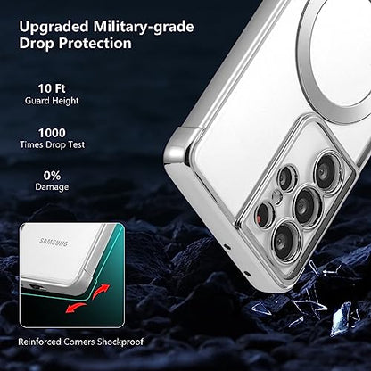 RALEAVO Magnetic Case for Samsung Galaxy S21 Ultra Clear Case Cover [Compatible with Magsafe & Military Grade Drop Protection] Transparent Shockproof Slim Plated Phone Case - Silver - color: Silver, size: S21 Ultra