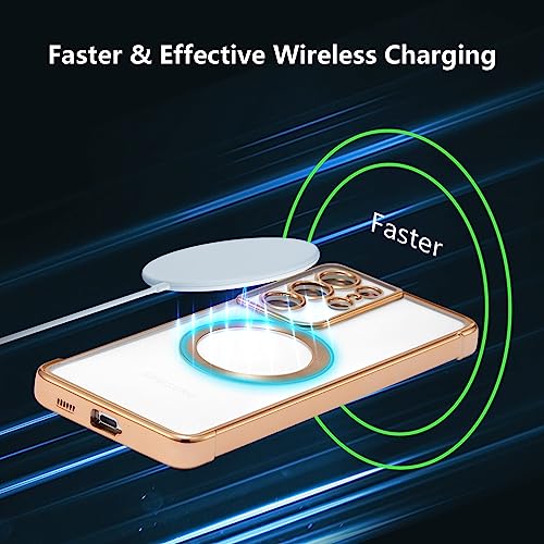 RALEAVO Magnetic Case for Samsung Galaxy S21 Ultra Clear Case Cover [Compatible with Magsafe & Military Grade Drop Protection] Transparent Shockproof Slim Plated Phone Case - Gold - color: Gold, size: S21 Ultra