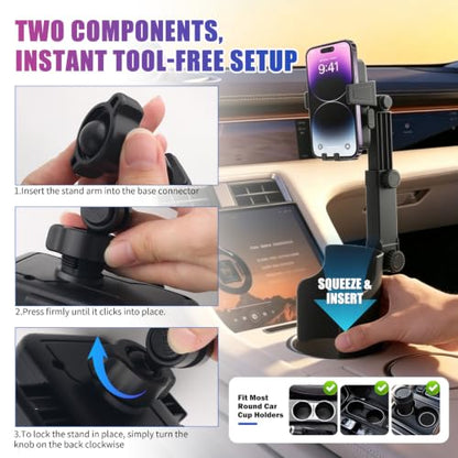 2-in-1 Cup Holder Phone Holder,Upgraded Version Cup Holders Phone Mount with Long Arm & 360° Adjustable,Cups Phones Holders for Car Accessories Fit 4.7-7 inches Phones,Squeeze & Insert
