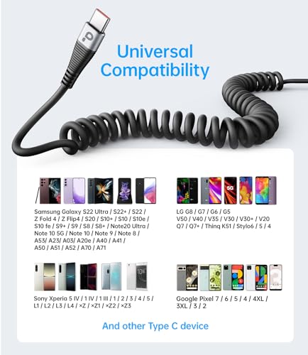 Coiled USBC to USBC Cables for Car 3FT/5FT, USB C to USB C Fast Charging - color: Silver, size: 3FT/5FT, style: USB C to USB C