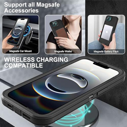 YKHJKLEC for iPhone 16e Case, Compatible with Magsafe, Military Grade 3 in 1 Heavy Duty Shockproof/Drop Proof/Dust Proof Case with 2Pcs Tempered Glass Screen Protector (New-Black/Black) - color: New-Black/Black