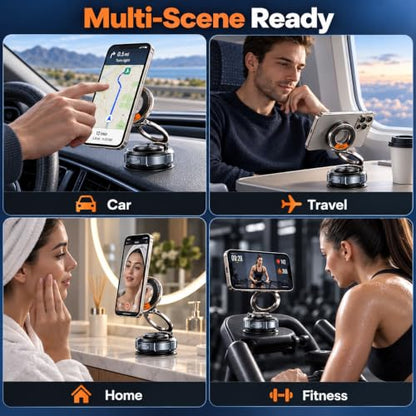 Vacuum Magnetic Car Phone Mount, Zinc Alloy Folding Suction Cup Holder with Sticky Gel Base for Dashboard & Windshield, Compatible with MagSafe iPhone, Samsung and Android Phones