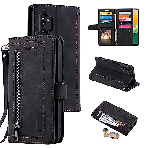 EYZUTAK Wallet Phone Case for Samsung Galaxy A13 5G/4G/A04S, Retro Matte 9 Card Holder Slots Zipper Pocket Case PU Leather Magnetic Closure Kickstand Wrist Strap Shockproof Folio Flip Cover- Black - color: Black, size: Samsung Galaxy A13/A04S