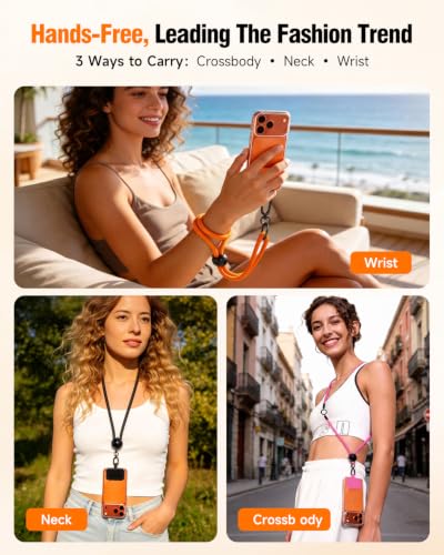Untvie 2026 New 3-in-1 Phone Lanyard, Adjustable Neck Wrist Strap & Phone Crossbody Strap with 2 Extension Ropes Black Pads, Anti-Theft Universal Cell Phone Holder Tether for iPhone Android (Orange) - color: Orange