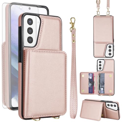 Phone Case for Samsung Galaxy S21 Plus S21+ 5G Wallet Cell Cover with Tempered Glass Screen Protector Wrist Strap RFID Blocking Credit Card Holder S21+5G S21plus 21S + S 21 21+ G5 Women Men Rose Gold - color: Rose Gold