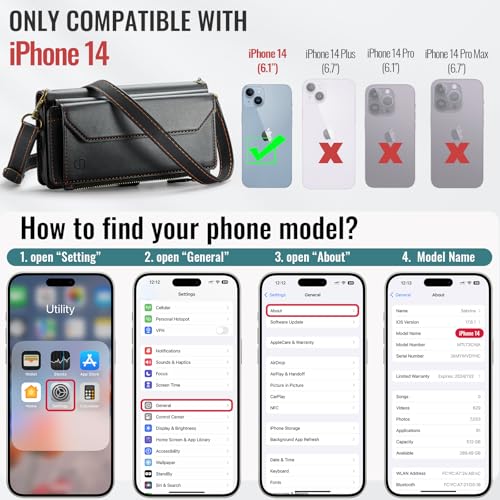 Strapurs Wallet Case Compatible with iPhone 14 RFID Blocking 7-Card Holder Soft PU Leather Magnetic Snap Shoulder Strap Zipper Pocket Phone Case Fit for iPhone 14 for Women 6.1" - Black | RFID Blocking 7-Card Holder, Shoulder Lanyard, Wirst Strap, Zipper