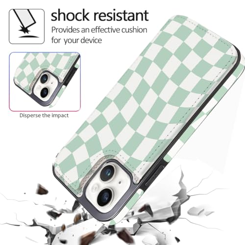Compatible with iPhone 14/13 6.1" Wallet Case with Card Holder Folio Flip PU Leather Kickstand Card Slots Case Double Magnetic Clasp and RFID Blocking Cover 6.1 Inch (Green Checkerboard) - color: Checkerboard, size: iPhone 14/13