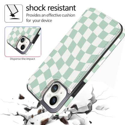Compatible with iPhone 14/13 6.1" Wallet Case with Card Holder Folio Flip PU Leather Kickstand Card Slots Case Double Magnetic Clasp and RFID Blocking Cover 6.1 Inch (Green Checkerboard) - color: Checkerboard, size: iPhone 14/13