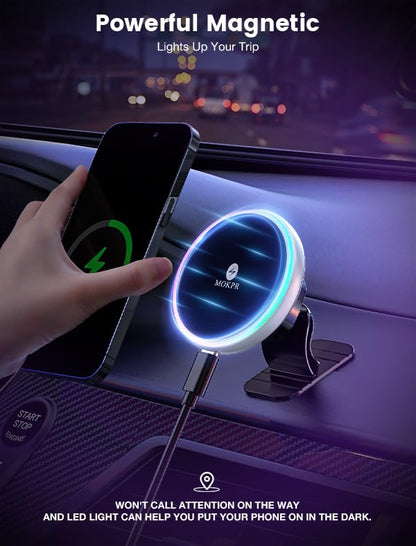 for Magsafe Car Mount Charger 15W LED RGB Car Phone Holder for Dash Vent - color: Silver
