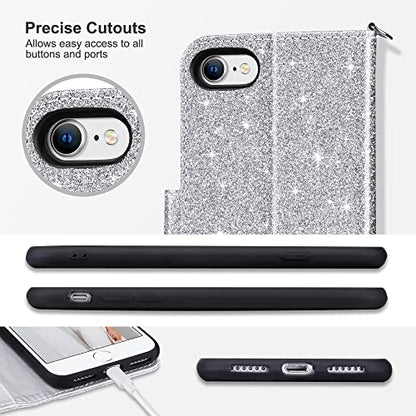 ULAK for iPhone SE 3(2022)/SE(2020)/8/7 Wallet Case Card Holder, Silver | Premium PU Leather Flip Case with Kickstand Card Slots,RFID Blocking,Wrist Strap, Durable Shockproof Cover 4.7 Inch - color: Silver