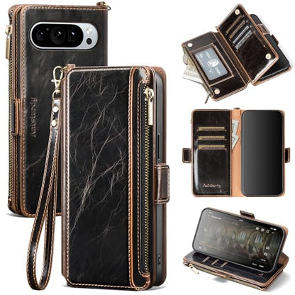 Antsturdy Compatible with Google Pixel 10 Pro XL 5G Wallet Case with Card Holder Women Men Phone Case RFID Blocking PU Leather Flip Protective Cover Wrist Strap Zipper Credit Card Slots,Coffee - color: Coffee, size: Google Pixel 10 Pro XL - 6.8"
