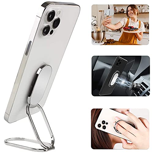 Cell Phone Ring Holder Finger Kickstand, CLZWiiN Foldable 360° Rotation Cellphone Stand for Desk, Office Desktop, Magnetic Car Mount, Metal Multi-Angle for Phone Back Grip (Silver) - color: Silver
