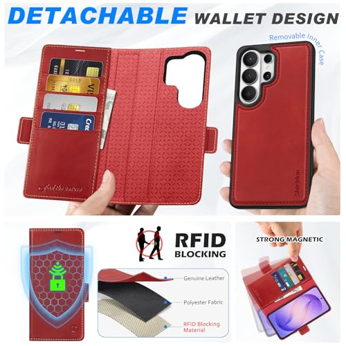 SHIELDON Removable Leather Wallet Case for Galaxy S26 Ultra 6.9", Retro Red | Genuine Leather, Detachable, RFID Blocking, Credit Card Slot, Flip Magnetic Design, Kickstand, Shock Absorbing Phone Cover - color: Retro Red
