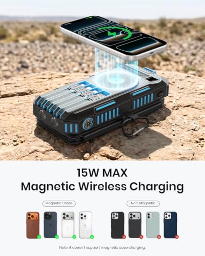 FEELLE Solar Power Bank 50000mAh Magnetic Solar Charger with Hand Crank - color: Blue+Black