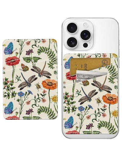 Phone Card Holder, Dual Pocket Leather Phone Wallet Adhesive Stick On, Cute Card Holder, Credit Card Holder for Phone Case Retro Insects And Flowers - color: Retro Insects And Flowers