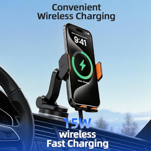 Car Phone Holder Mount, Wireless Car Charger with Auto Clamping, Dashboard Phone Mount and Windshield Holder, Extendable 360 Degree Arm, Washable Gel Suction Cup, Fits Most Smartphones - size: Universal | Auto Charge
