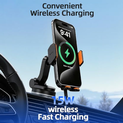 Car Phone Holder Mount, Wireless Car Charger with Auto Clamping, Dashboard Phone Mount and Windshield Holder, Extendable 360 Degree Arm, Washable Gel Suction Cup, Fits Most Smartphones - size: Universal | Auto Charge