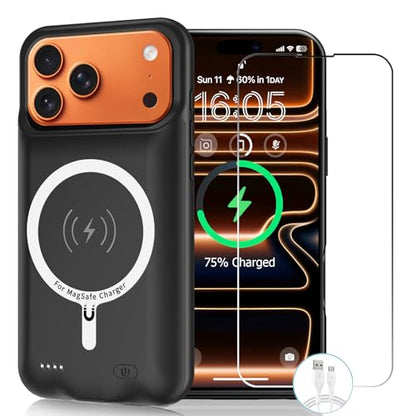 Battery Case for iPhone 17 Pro Max, 12000mAh Slim Portable Rechargeable Protective Battery Pack Cover Wireless Charging Case Compatible with iPhone 17 Pro Max (6.9 inch) Extended Charger Cover(Black) - size: iPhone 17 Pro Max (6.9 inch)
