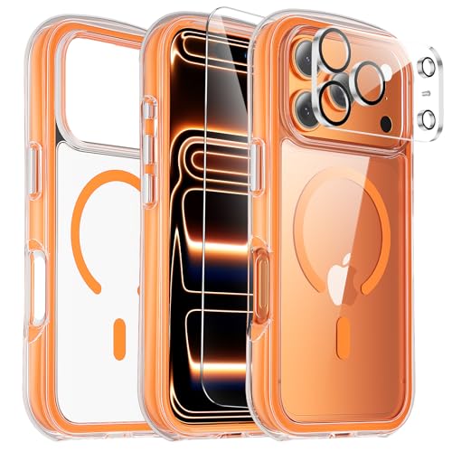 3-in-1 Air for Heavy Duty iPhone 17 Pro Max Case with Screen Protector & Camera Lens Protector,[Fits MagSafe][Military-Grade Protection] [Built-in Airbag] Shockproof Case for 17 Pro Max(Clear-Orange) - color: Orange-Airbag, size: Iphone 17 Pro Max