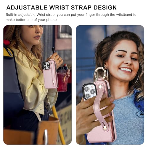 Folosu for iPhone 15 Pro Max Wallet Case with Card Holder, Hand Wrist Strap Loop Holder Kickstand, RFID Blocking Finger Grip Ring PU Leather Double Buttons Shockproof Cover 6.7" Rose Gold - color: Rose Gold