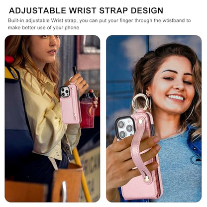 Folosu for iPhone 15 Pro Max Wallet Case with Card Holder, Hand Wrist Strap Loop Holder Kickstand, RFID Blocking Finger Grip Ring PU Leather Double Buttons Shockproof Cover 6.7" Rose Gold - color: Rose Gold